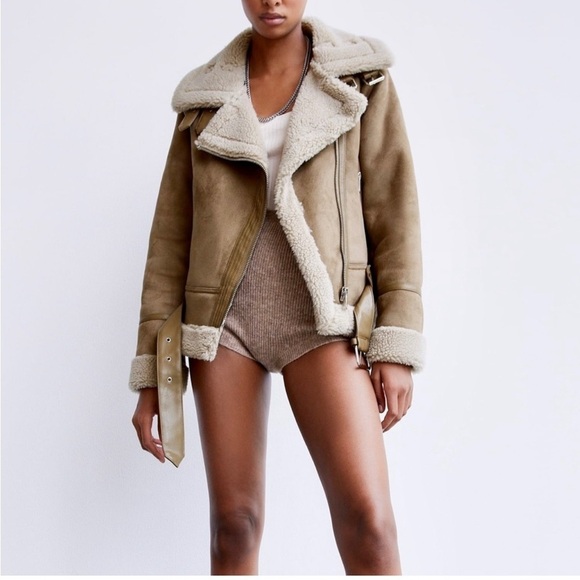 Zara trendy tan beige aviator faux suede Sherpa shearling moto jacket size S - Picture 8 of 15